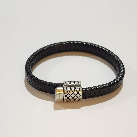 Stainless Steel and Black Leather Bracelet - 8.5 inches - Picture 2 of 3